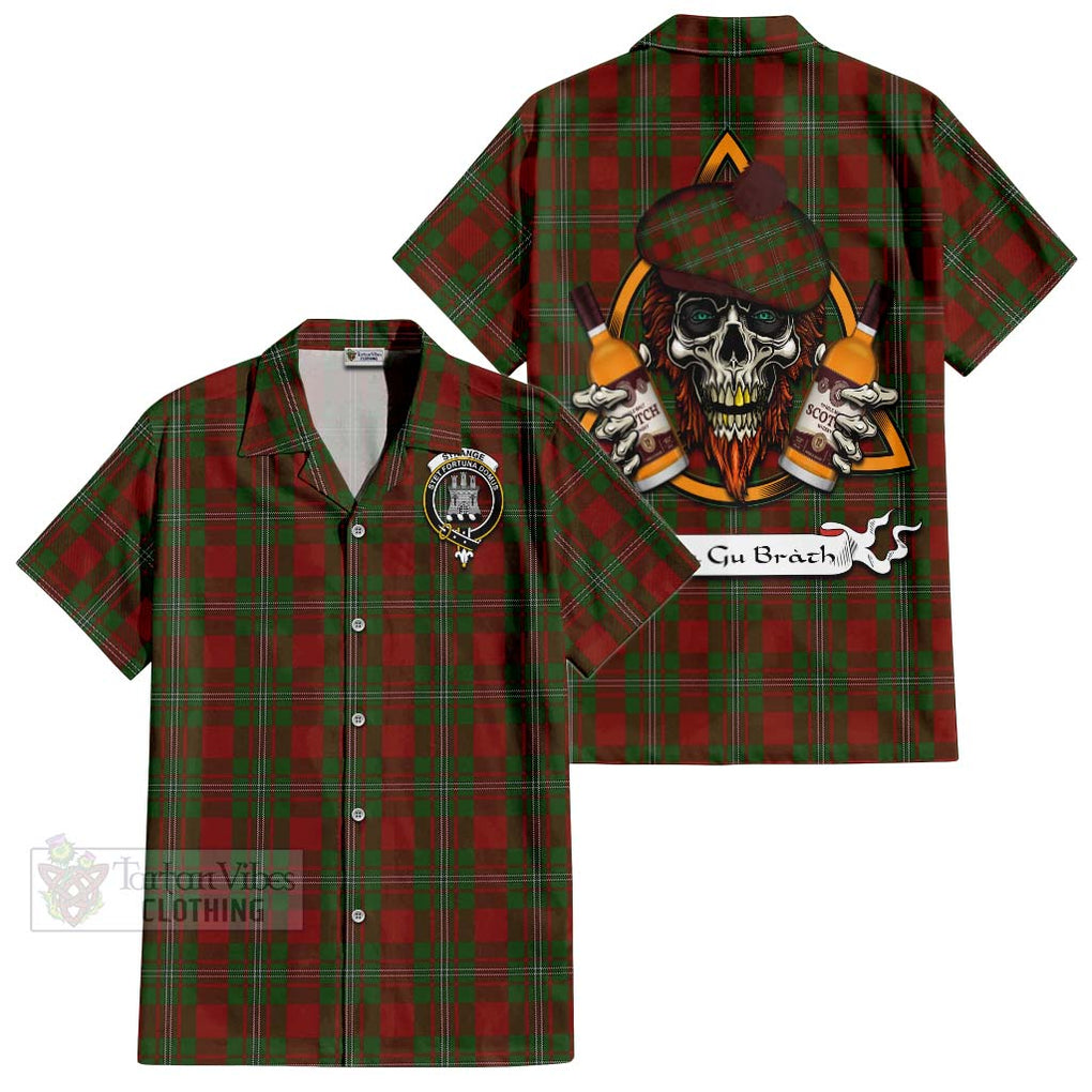 Tartan Vibes Clothing Strange (Strang) Tartan Short Sleeve Button Shirt with Family Crest and Bearded Skull Holding Bottles of Whiskey