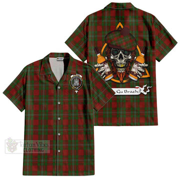 Strange (Strang) Tartan Short Sleeve Button Shirt with Family Crest and Bearded Skull Holding Bottles of Whiskey