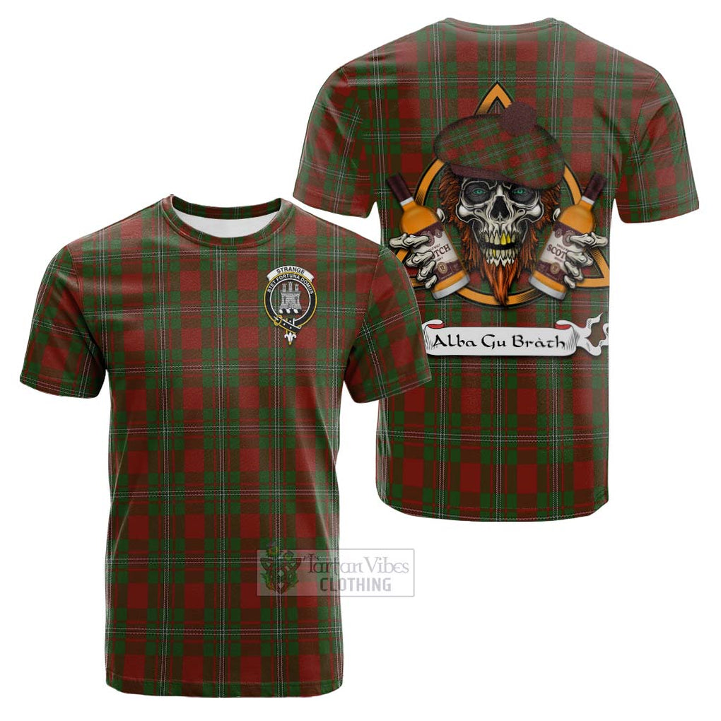 Tartan Vibes Clothing Strange (Strang) Tartan Cotton T-shirt with Family Crest and Bearded Skull Holding Bottles of Whiskey