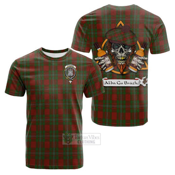 Strange (Strang) Tartan Cotton T-shirt with Family Crest and Bearded Skull Holding Bottles of Whiskey