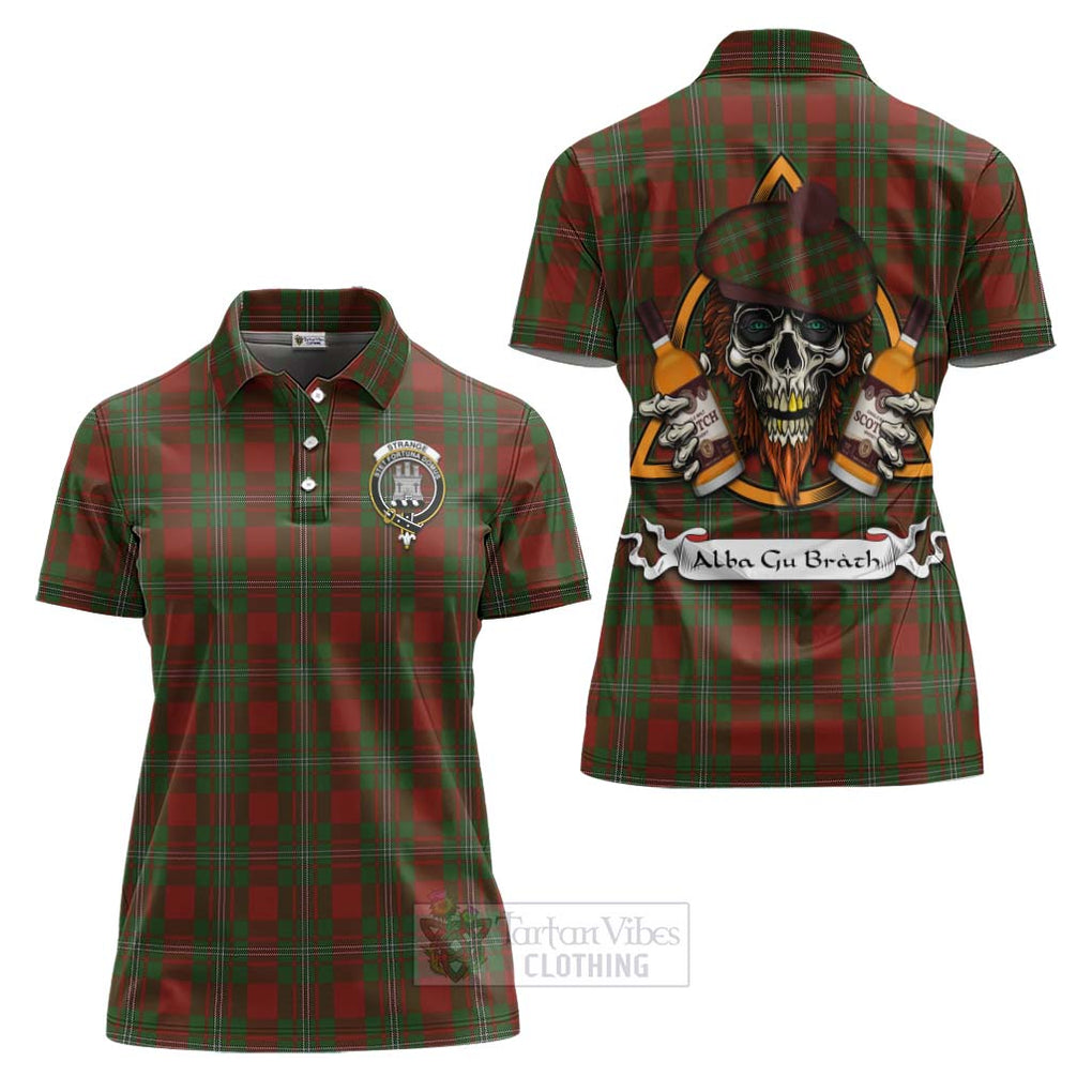 Tartan Vibes Clothing Strange (Strang) Tartan Women's Polo Shirt with Family Crest and Bearded Skull Holding Bottles of Whiskey