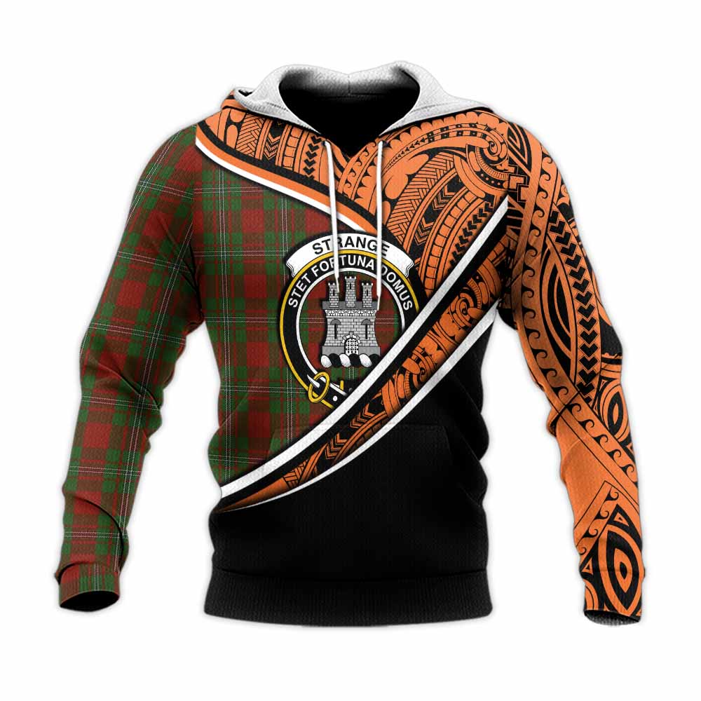 Tartan Vibes Clothing Strange (Strang) Crest Tartan Knitted Hoodie with Maori Tattoo Style - Orange Version