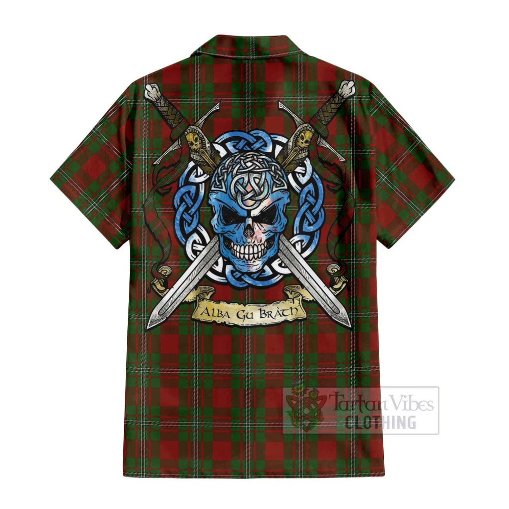 Tartan Vibes Clothing Strange (Strang) Tartan Short Sleeve Button Shirt with Family Crest Celtic Skull Style