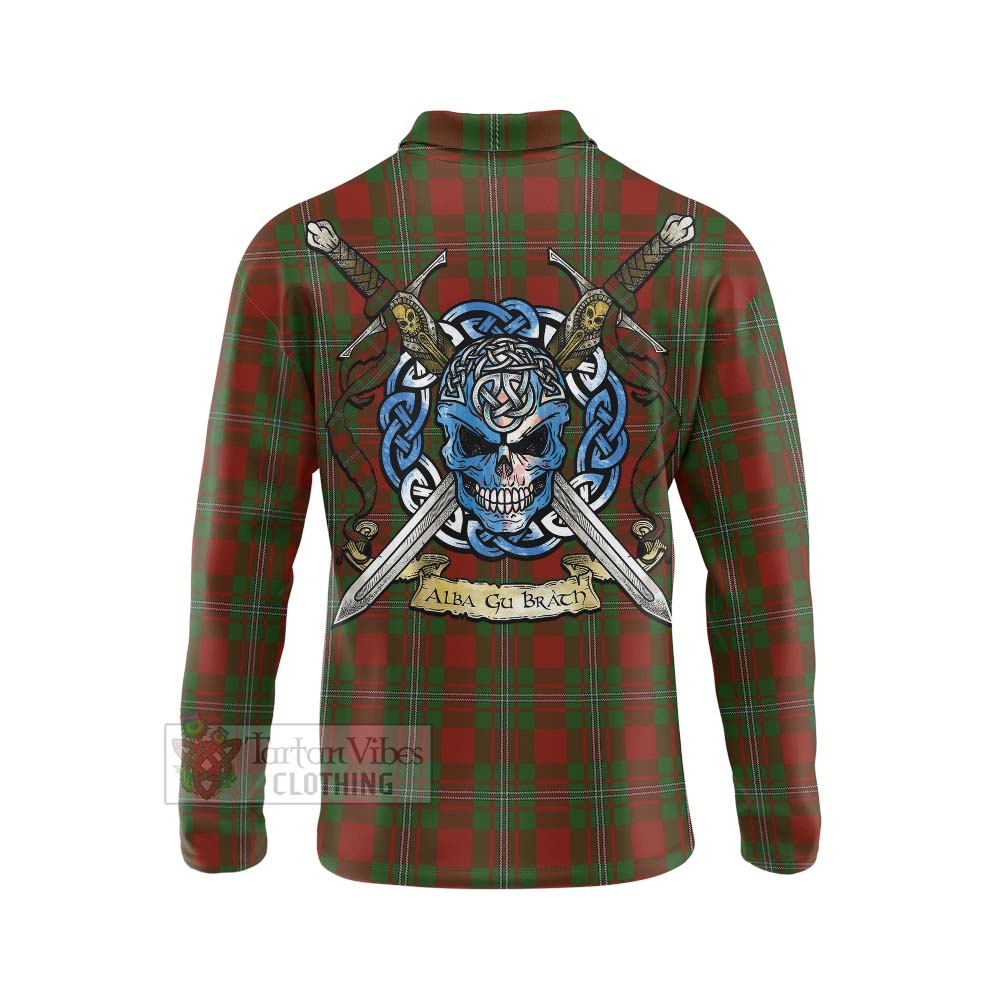 Tartan Vibes Clothing Strange (Strang) Tartan Long Sleeve Polo Shirt with Family Crest Celtic Skull Style