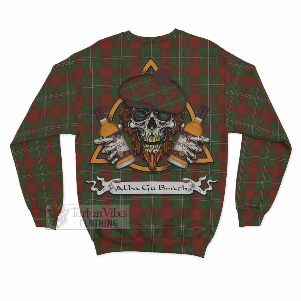 Tartan Vibes Clothing Strange (Strang) Tartan Sweatshirt with Family Crest and Bearded Skull Holding Bottles of Whiskey