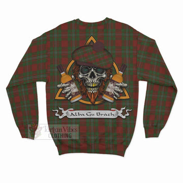 Strange (Strang) Tartan Sweatshirt with Family Crest and Bearded Skull Holding Bottles of Whiskey