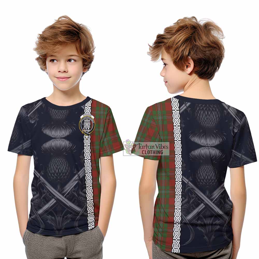 Tartan Vibes Clothing Strange (Strang) Tartan Kid T-Shirt with Family Crest Cross Sword Thistle Celtic Vibes