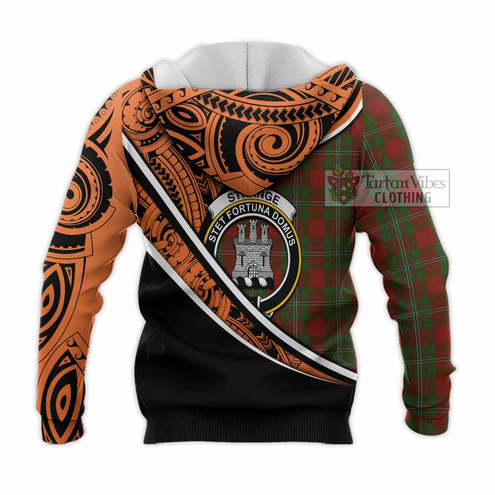 Tartan Vibes Clothing Strange (Strang) Crest Tartan Knitted Hoodie with Maori Tattoo Style - Orange Version