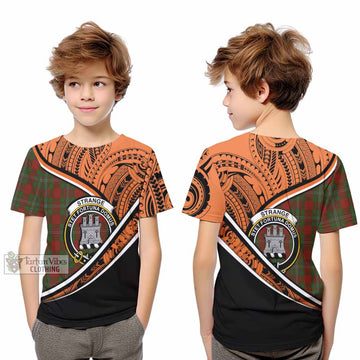 Strange (Strang) Crest Tartan Kid T-Shirt with Polynesian Vibes Style - Orange Version