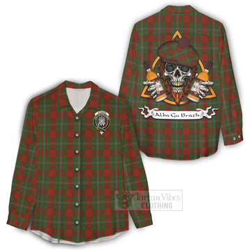 Strange (Strang) Tartan Women's Casual Shirt with Family Crest and Bearded Skull Holding Bottles of Whiskey