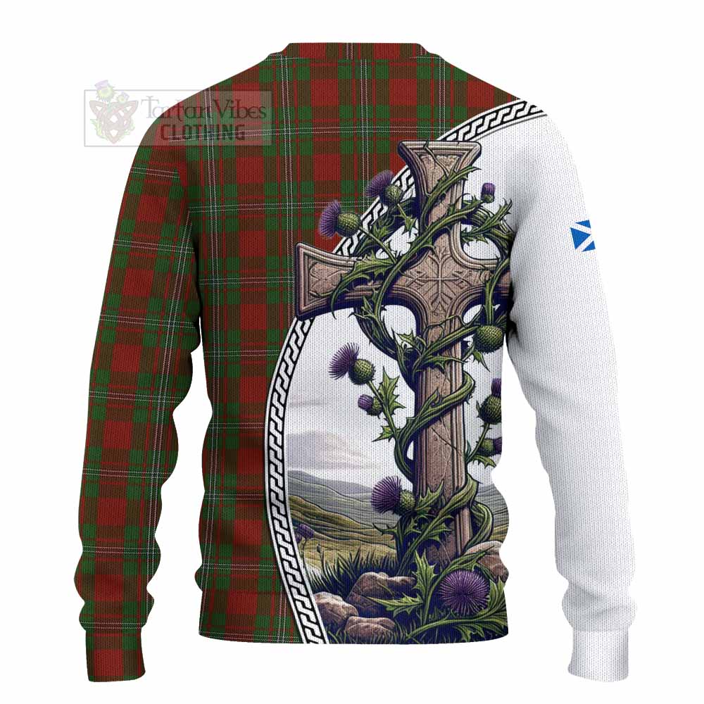 Tartan Vibes Clothing Strange (Strang) Tartan Knitted Sweater with Family Crest and St. Andrew's Cross Accented by Thistle Vines