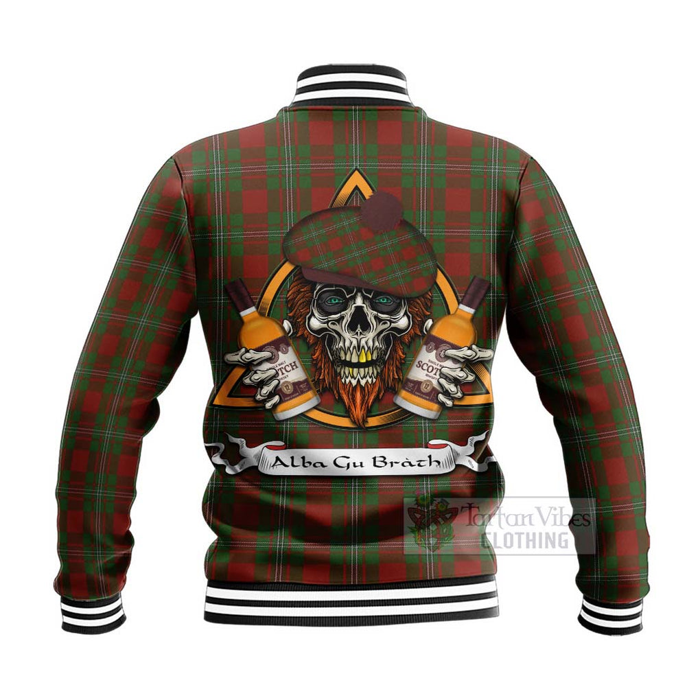 Tartan Vibes Clothing Strange (Strang) Tartan Baseball Jacket with Family Crest and Bearded Skull Holding Bottles of Whiskey