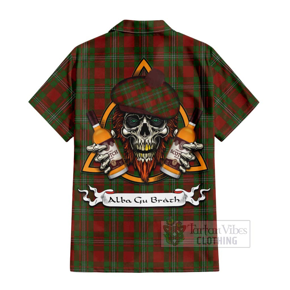 Tartan Vibes Clothing Strange (Strang) Tartan Short Sleeve Button Shirt with Family Crest and Bearded Skull Holding Bottles of Whiskey