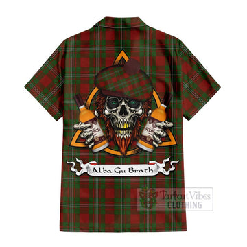 Strange (Strang) Tartan Short Sleeve Button Shirt with Family Crest and Bearded Skull Holding Bottles of Whiskey