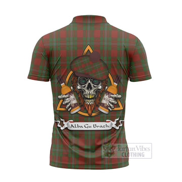 Strange (Strang) Tartan Zipper Polo Shirt with Family Crest and Bearded Skull Holding Bottles of Whiskey