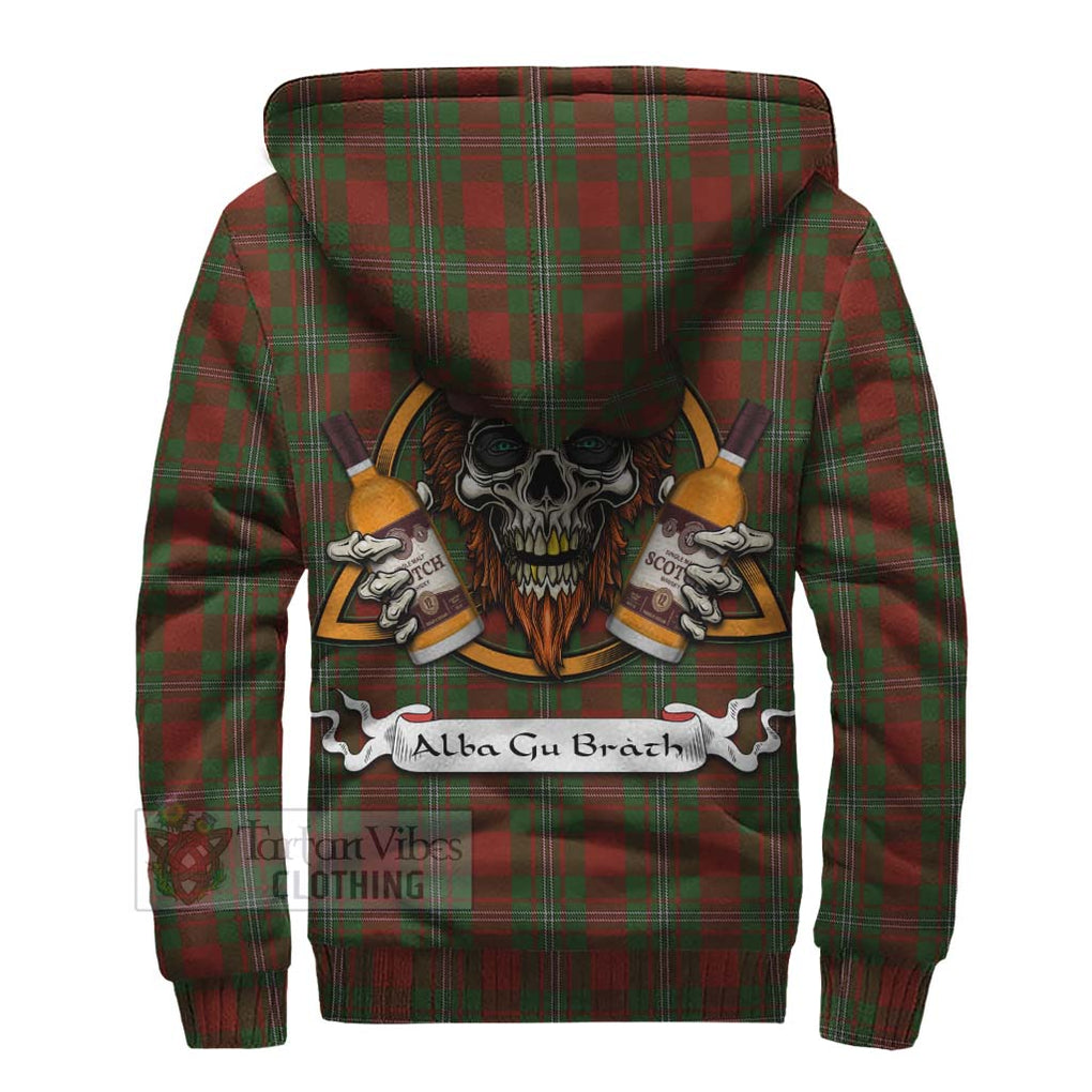 Tartan Vibes Clothing Strange (Strang) Tartan Sherpa Hoodie with Family Crest and Bearded Skull Holding Bottles of Whiskey