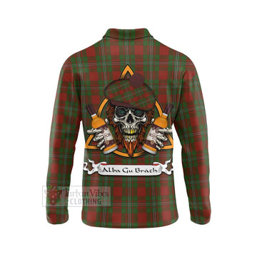 Strange (Strang) Tartan Long Sleeve Polo Shirt with Family Crest and Bearded Skull Holding Bottles of Whiskey