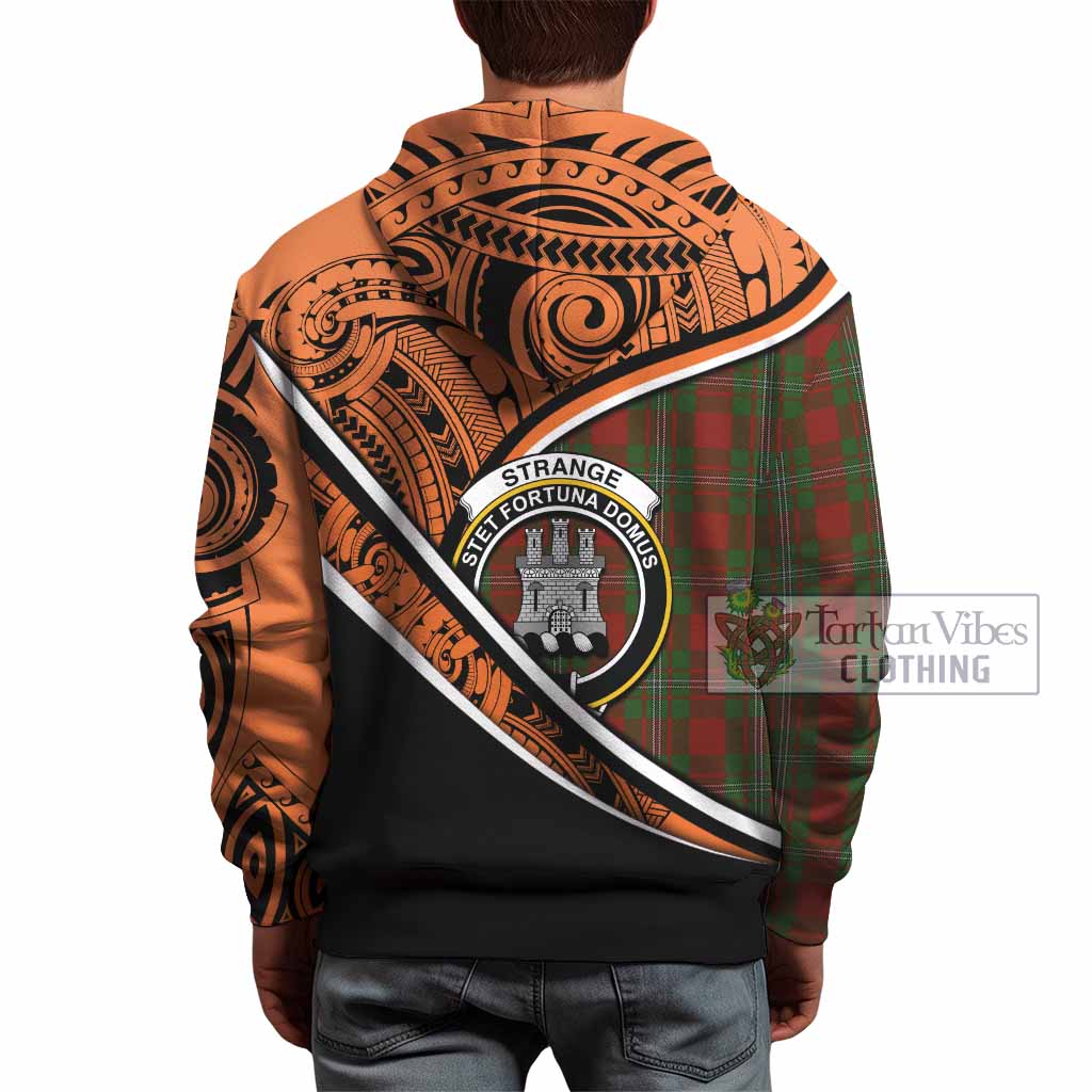 Tartan Vibes Clothing Strange (Strang) Crest Tartan Hoodie with Maori Tattoo Style - Orange Version