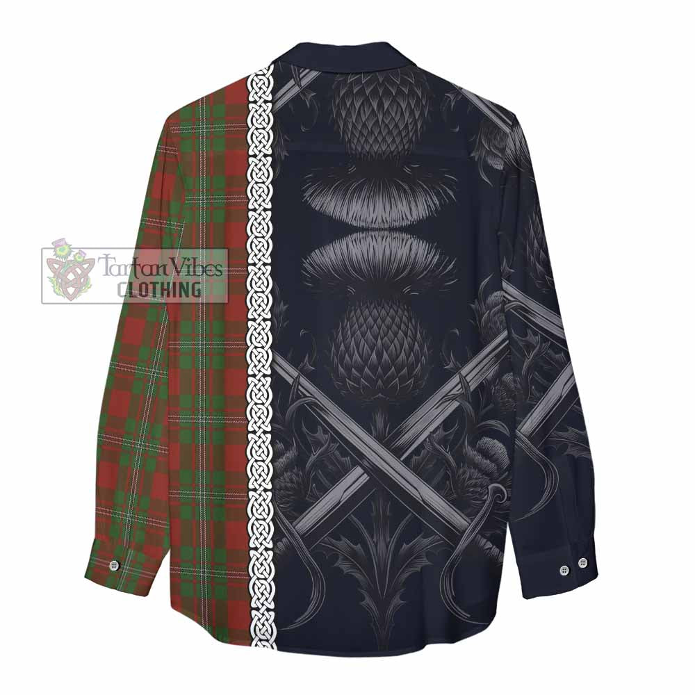 Tartan Vibes Clothing Strange (Strang) Tartan Women's Casual Shirt with Family Crest Cross Sword Thistle Celtic Vibes