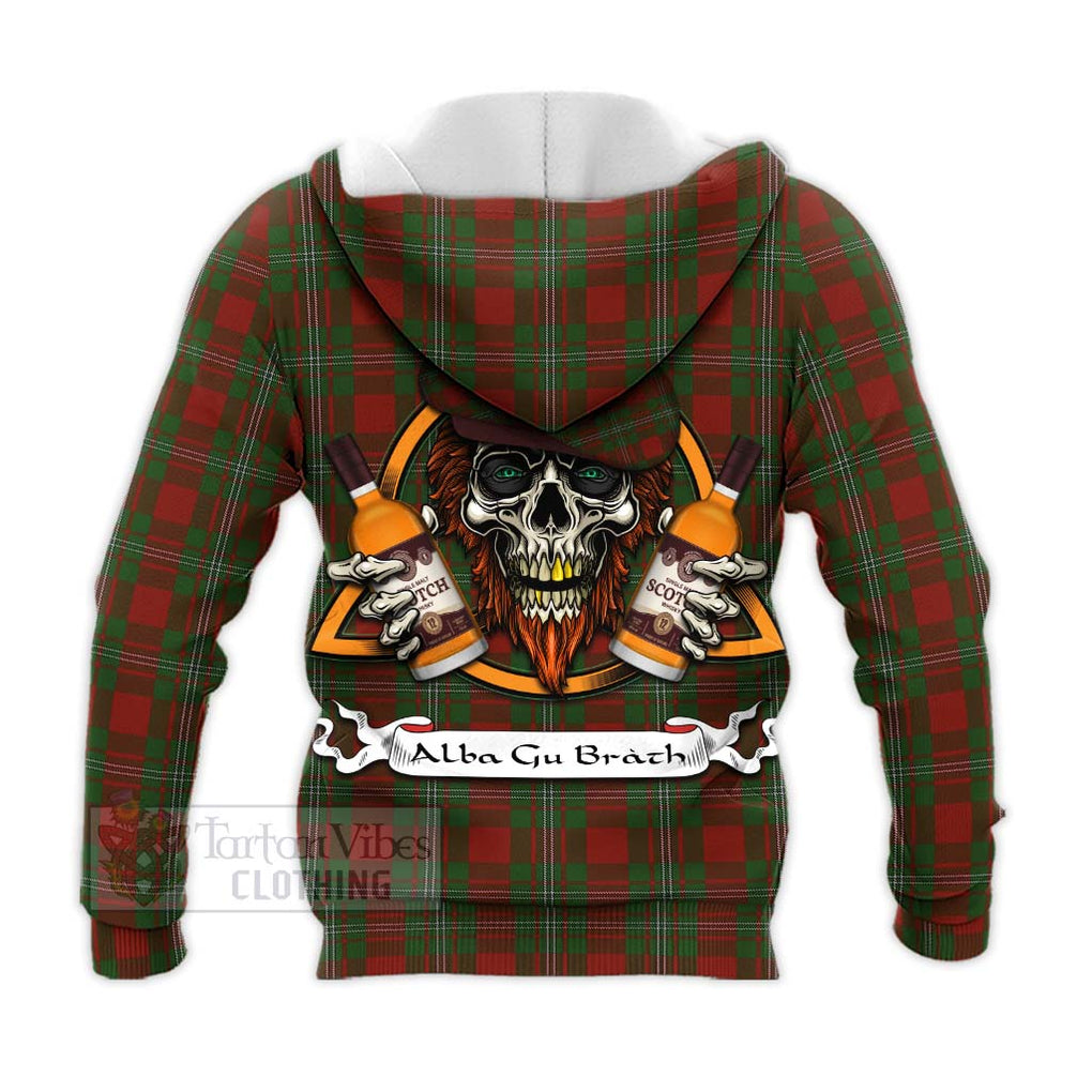 Tartan Vibes Clothing Strange (Strang) Tartan Knitted Hoodie with Family Crest and Bearded Skull Holding Bottles of Whiskey