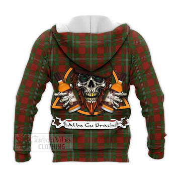 Strange (Strang) Tartan Knitted Hoodie with Family Crest and Bearded Skull Holding Bottles of Whiskey