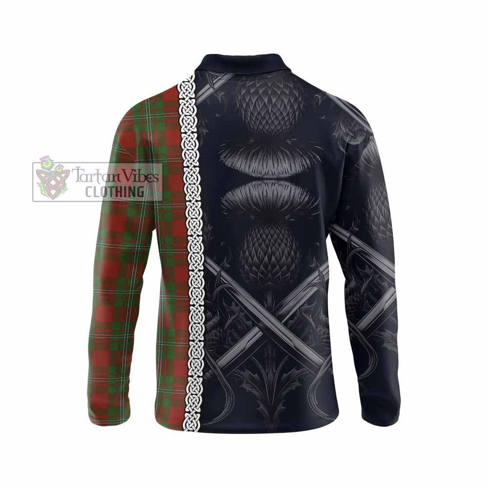 Tartan Vibes Clothing Strange (Strang) Tartan Long Sleeve Polo Shirt with Family Crest Cross Sword Thistle Celtic Vibes