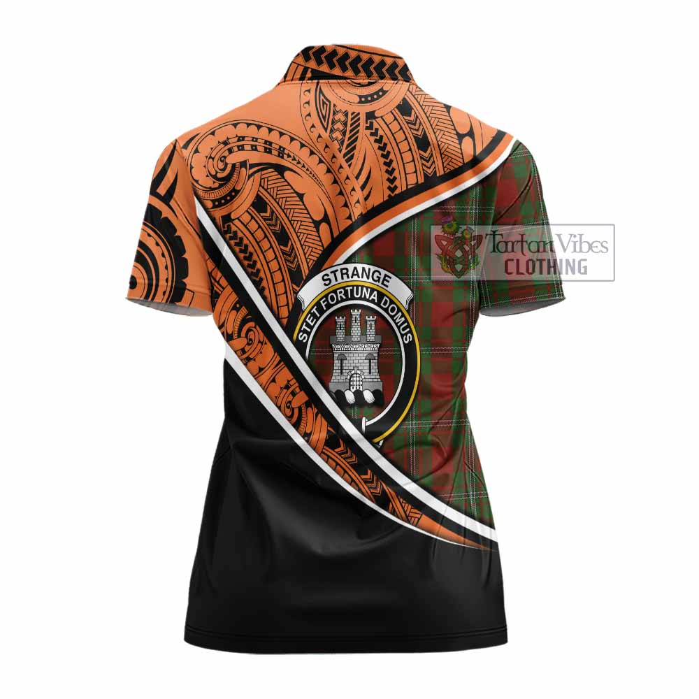 Tartan Vibes Clothing Strange (Strang) Crest Tartan Women's Polo Shirt with Maori Tattoo Style - Orange Version