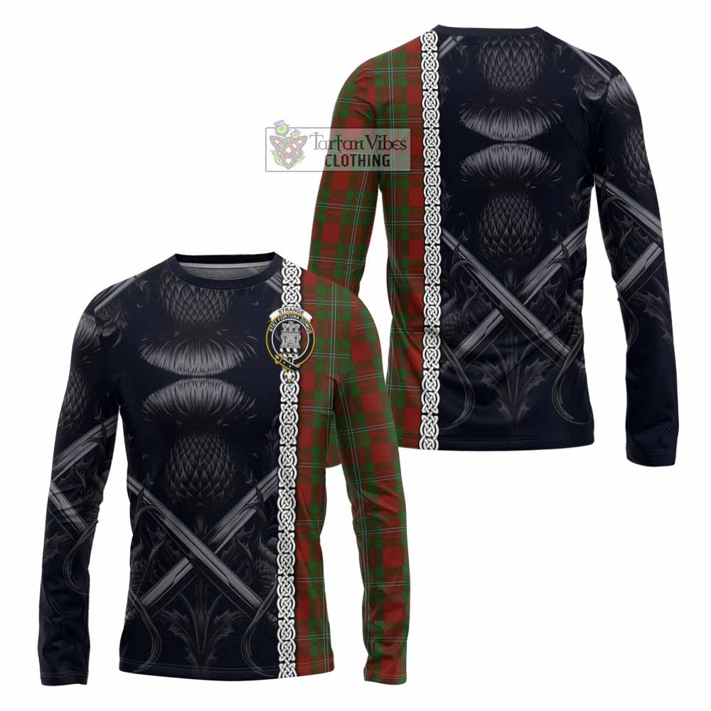 Tartan Vibes Clothing Strange (Strang) Tartan Long Sleeve T-Shirt with Family Crest Cross Sword Thistle Celtic Vibes