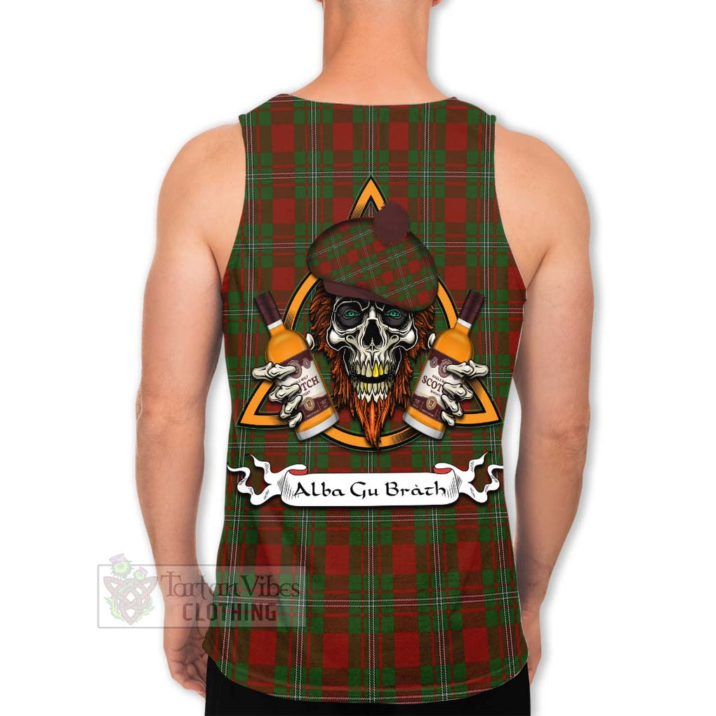 Tartan Vibes Clothing Strange (Strang) Tartan Men's Tank Top with Family Crest and Bearded Skull Holding Bottles of Whiskey