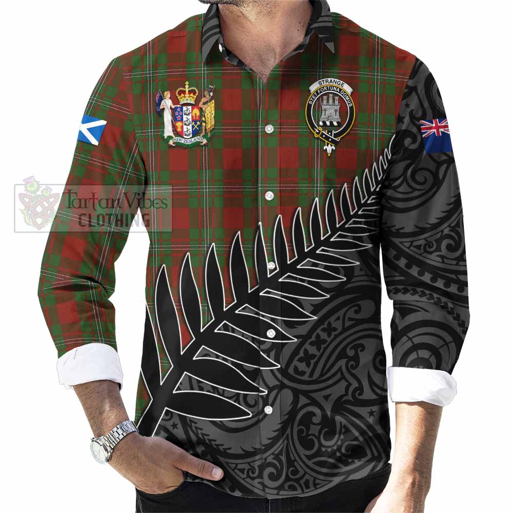 Tartan Vibes Clothing Strange (Strang) Crest Tartan Long Sleeve Button Shirt with New Zealand Silver Fern Half Style