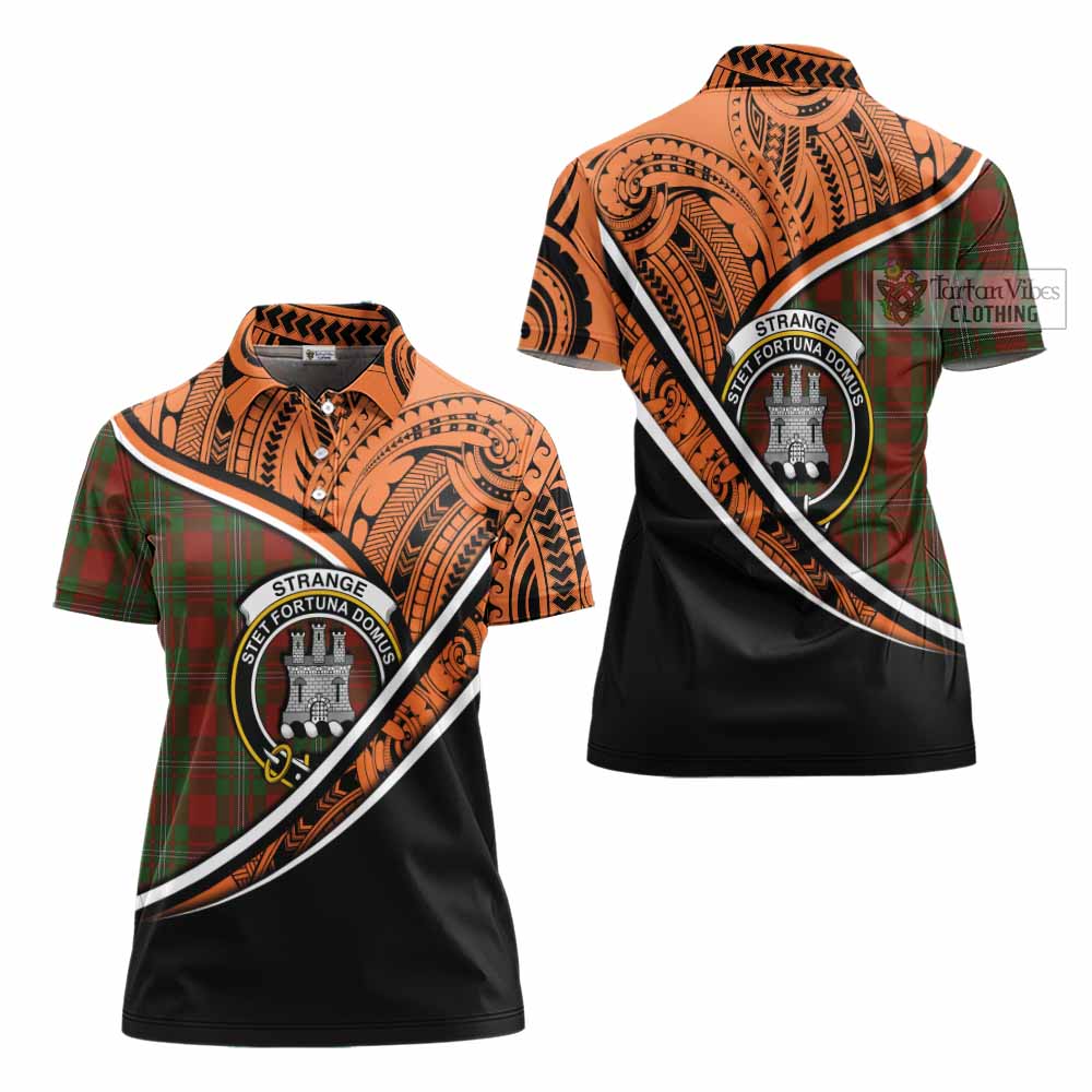 Tartan Vibes Clothing Strange (Strang) Crest Tartan Women's Polo Shirt with Maori Tattoo Style - Orange Version