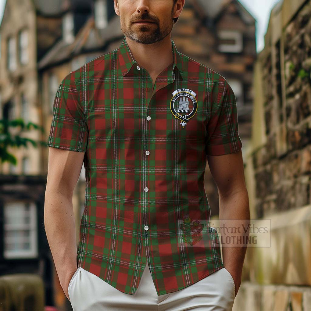 Tartan Vibes Clothing Strange (Strang) Tartan Short Sleeve Button Shirt with Family Crest Celtic Skull Style