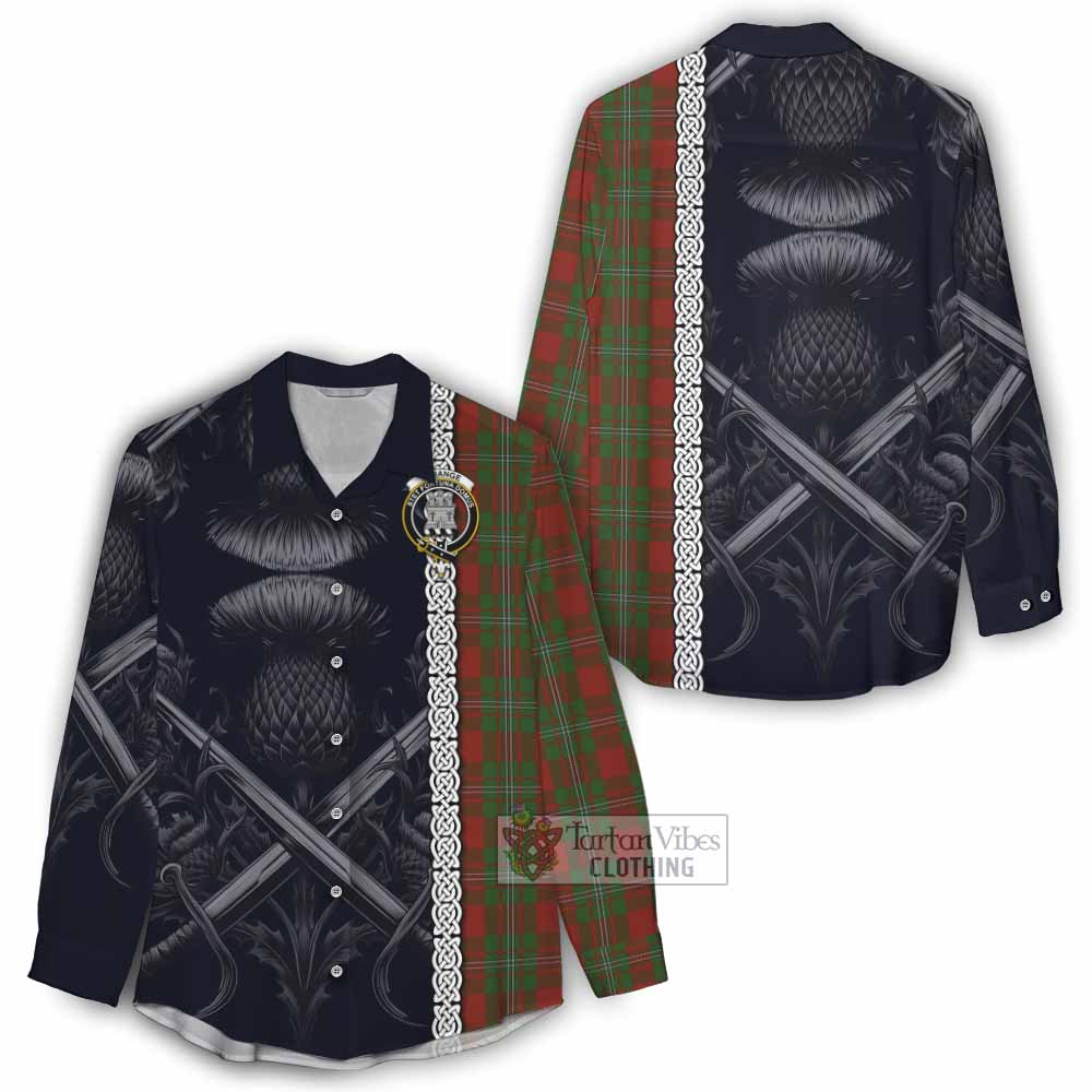 Tartan Vibes Clothing Strange (Strang) Tartan Women's Casual Shirt with Family Crest Cross Sword Thistle Celtic Vibes