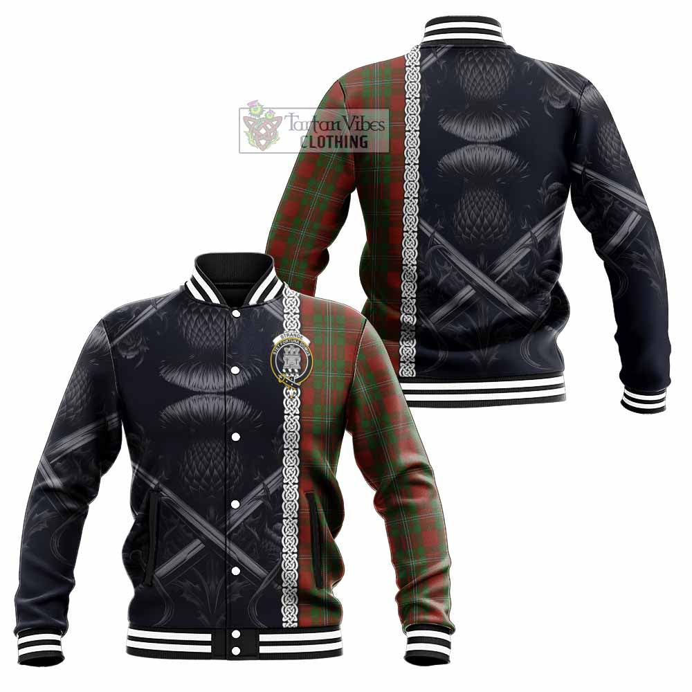 Tartan Vibes Clothing Strange (Strang) Tartan Baseball Jacket with Family Crest Cross Sword Thistle Celtic Vibes