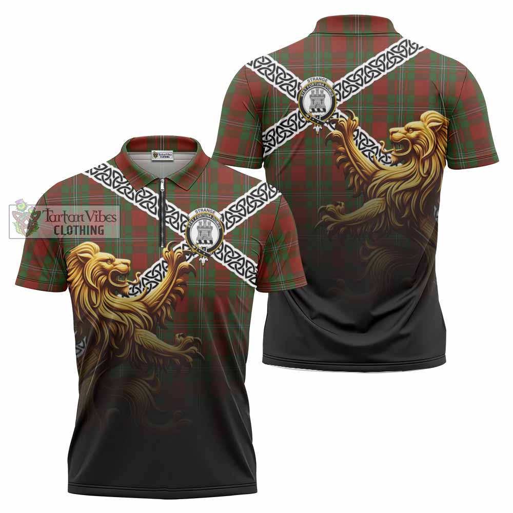 Strange (Strang) Crest Tartan Zipper Polo Shirt with Golden Lion Emblem Celtic Style - Tartan Vibes Clothing