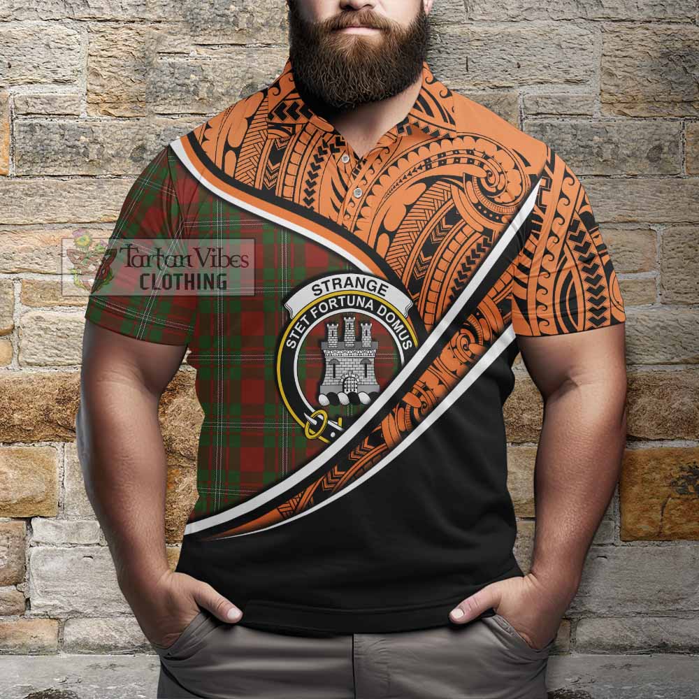 Tartan Vibes Clothing Strange (Strang) Crest Tartan Polo Shirt with Maori Tattoo Style - Orange Version