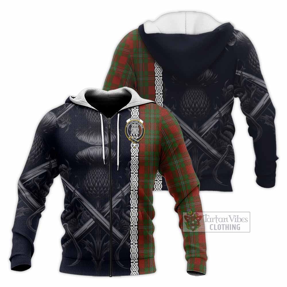 Tartan Vibes Clothing Strange (Strang) Tartan Knitted Hoodie with Family Crest Cross Sword Thistle Celtic Vibes