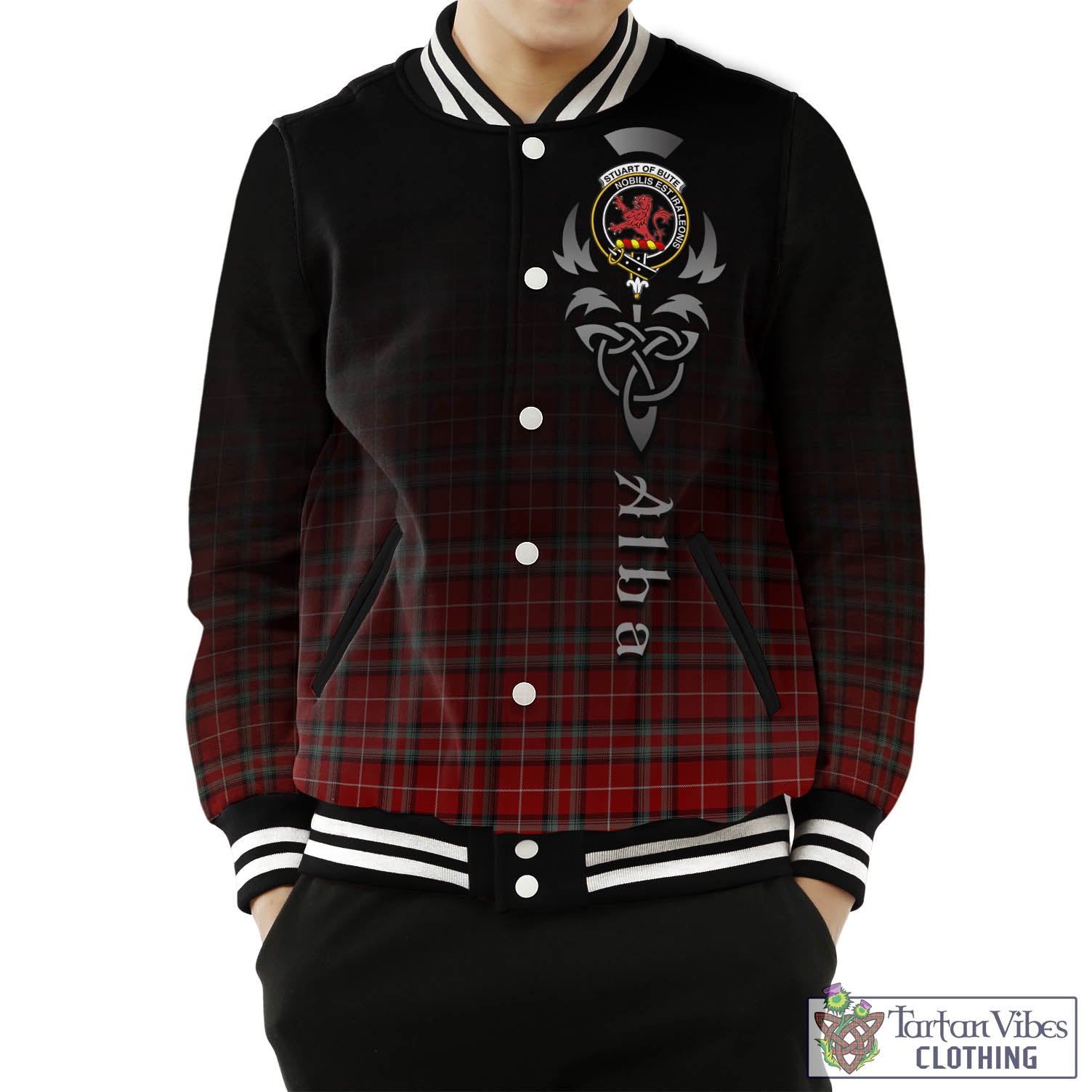 Tartan Vibes Clothing Stuart of Bute Tartan Baseball Jacket Featuring Alba Gu Brath Family Crest Celtic Inspired