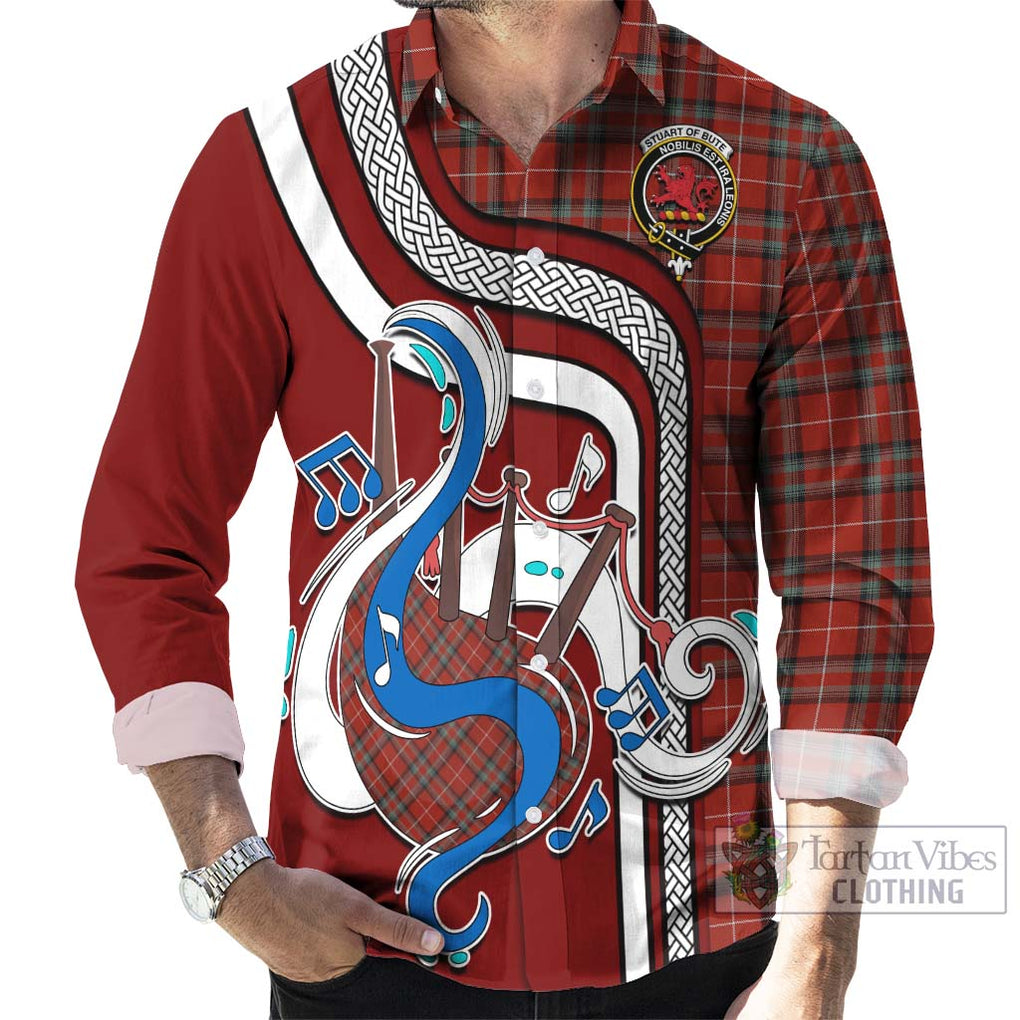 Stuart Of Bute Tartan Long Sleeve Button Shirt with Epic Bagpipe Style - Tartanvibesclothing Shop