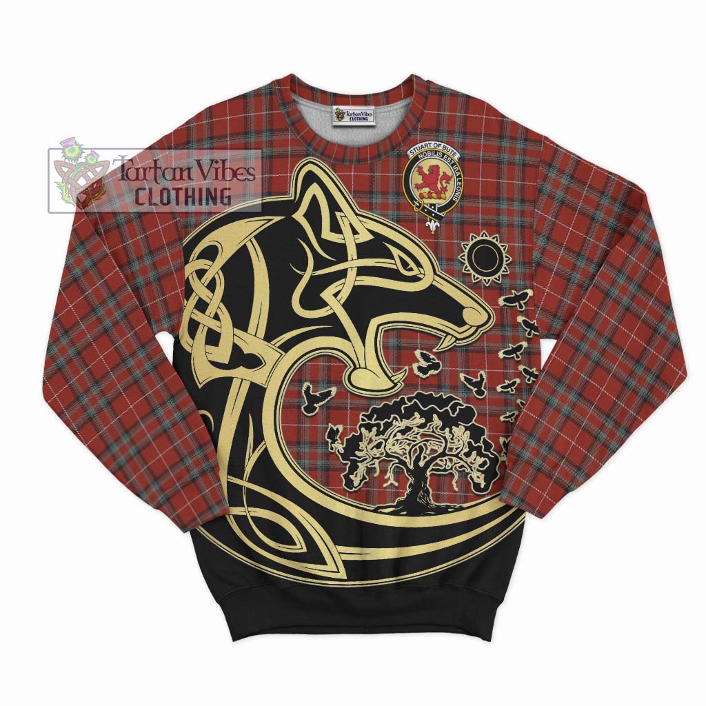 Tartan Vibes Clothing Stuart Of Bute Tartan Sweatshirt with Family Crest Celtic Wolf Style