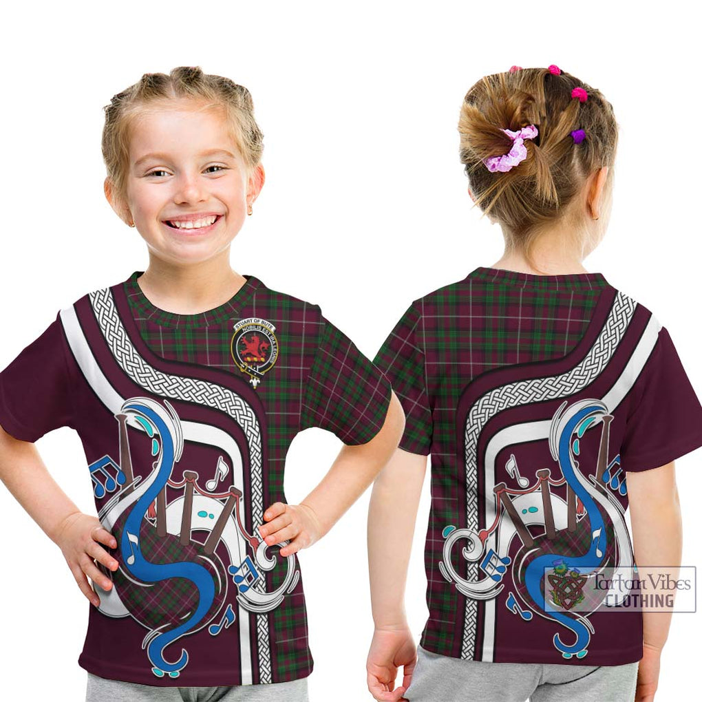 Tartan Vibes Clothing Stuart of Bute Hunting Tartan Kid T-Shirt with Epic Bagpipe Style