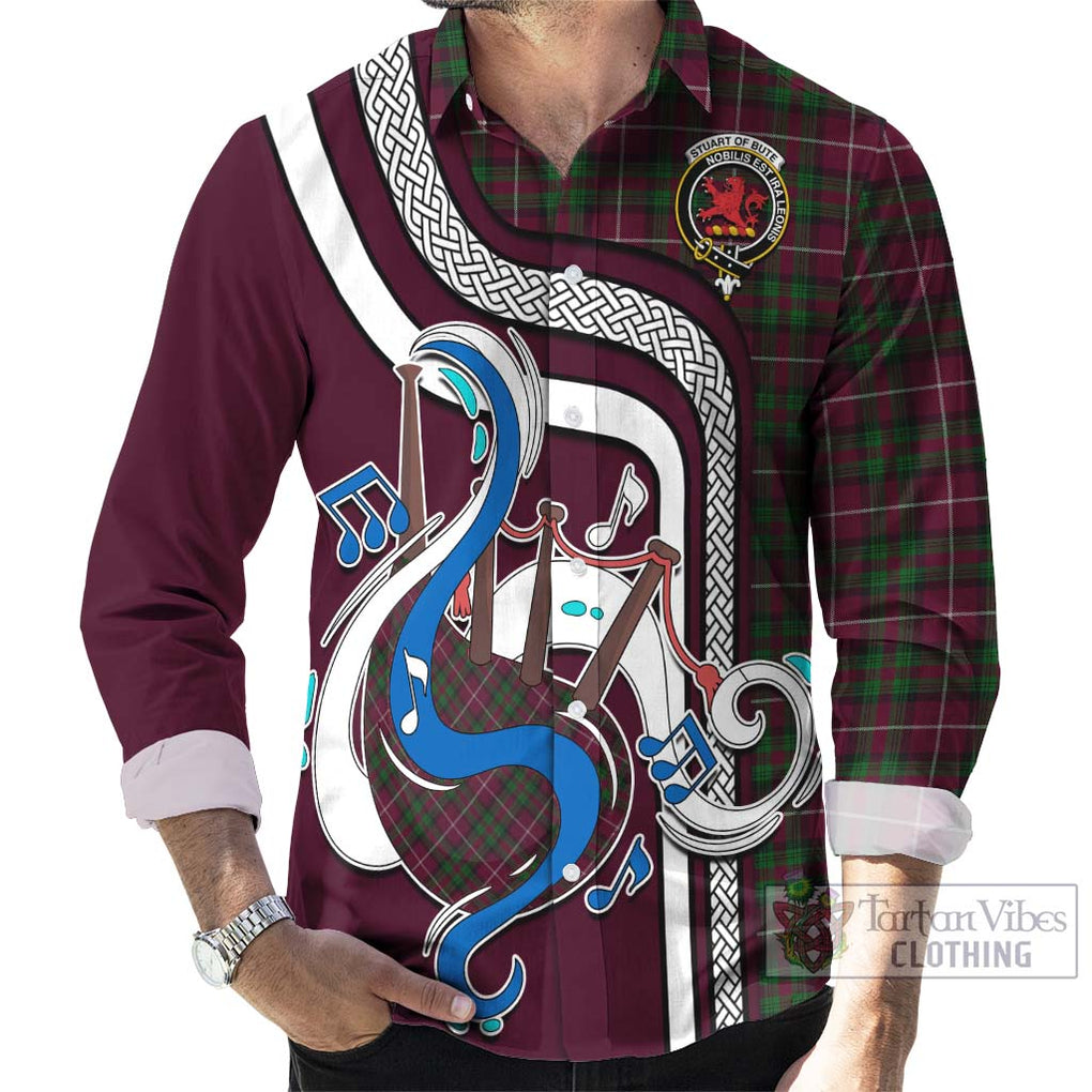 Stuart of Bute Hunting Tartan Long Sleeve Button Shirt with Epic Bagpipe Style - Tartanvibesclothing Shop