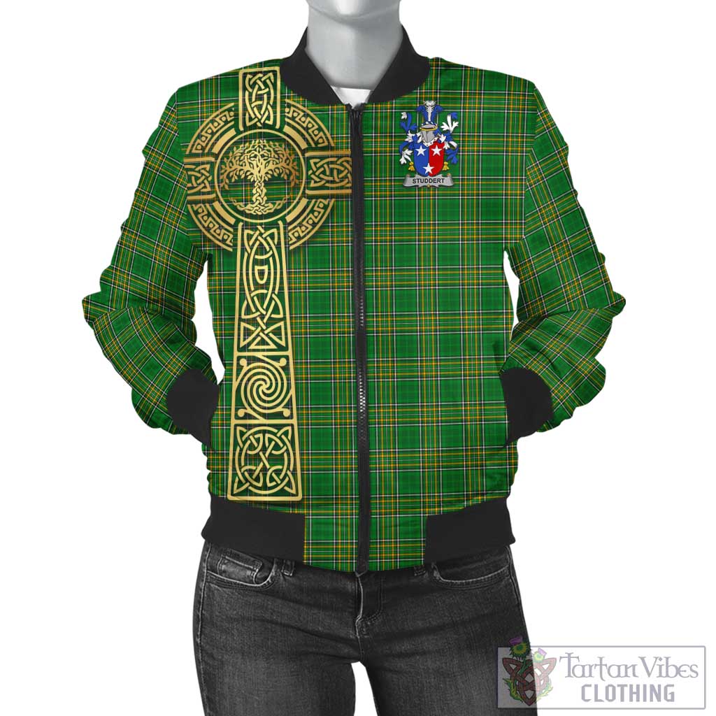 Tartan Vibes Clothing Studdert Irish Clan Tartan Bomber Jacket with Coat of Arms Celtic Tree of Life Style