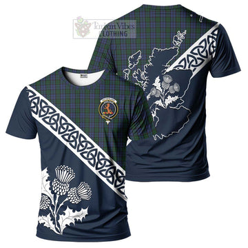 Sutherland Tartan T-Shirt Featuring Thistle and Scotland Map