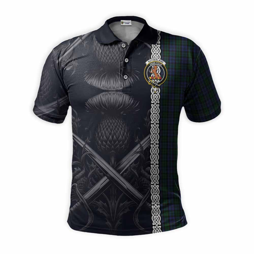 Tartan Vibes Clothing Sutherland Tartan Polo Shirt with Family Crest Cross Sword Thistle Celtic Vibes