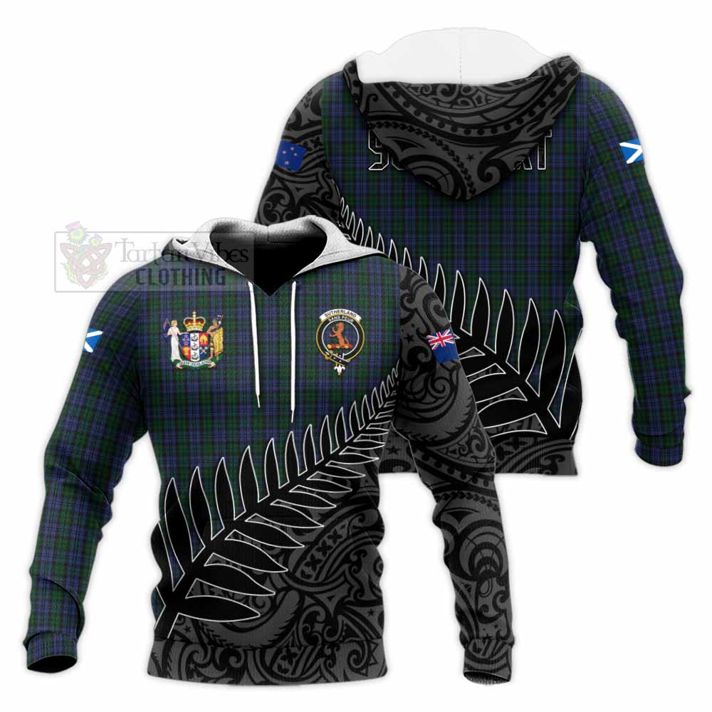 Tartan Vibes Clothing Sutherland Crest Tartan Knitted Hoodie with New Zealand Silver Fern Half Style