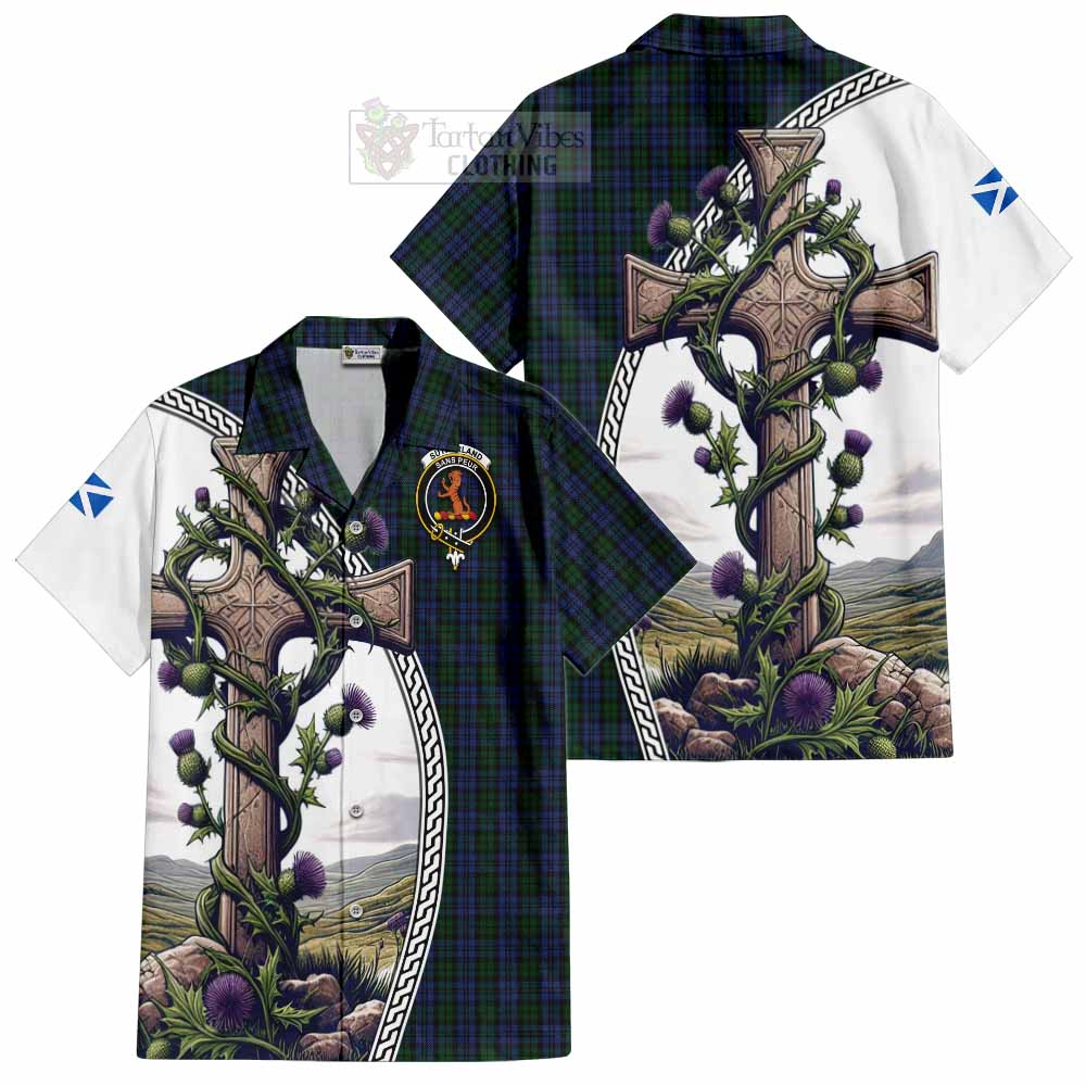 Tartan Vibes Clothing Sutherland Tartan Short Sleeve Button Shirt with Family Crest and St. Andrew's Cross Accented by Thistle Vines