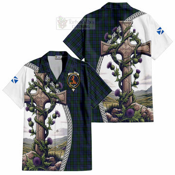 Sutherland Tartan Short Sleeve Button Shirt with Family Crest and St. Andrew's Cross Accented by Thistle Vines