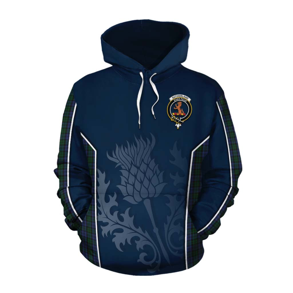 Tartan Vibes Clothing Sutherland Tartan Cotton Hoodie with Family Crest and Scottish Thistle Vibes Sport Style