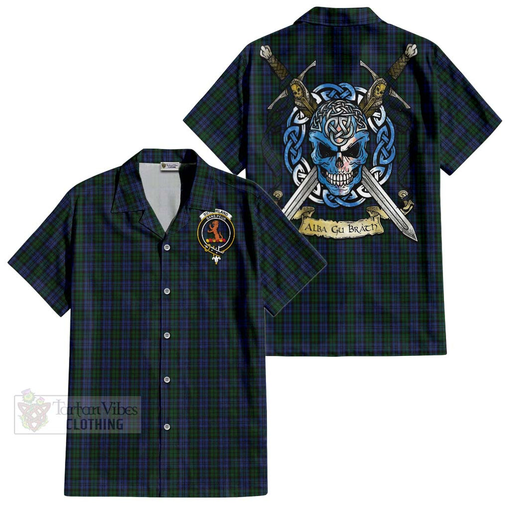 Tartan Vibes Clothing Sutherland Tartan Short Sleeve Button Shirt with Family Crest Celtic Skull Style